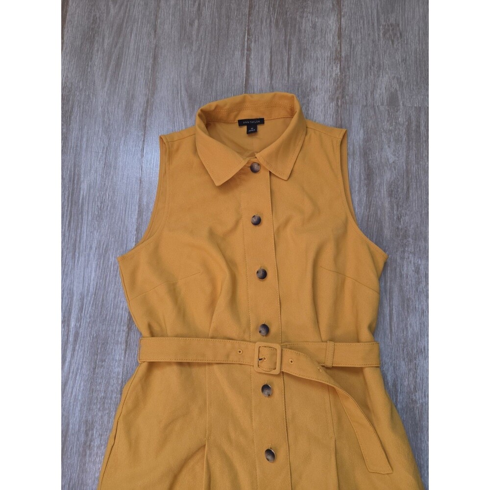 Ann Taylor Mustard Yellow Sleeveless Belted Button Front Midi Shirt Dress 0P EUC - Picture 3 of 11